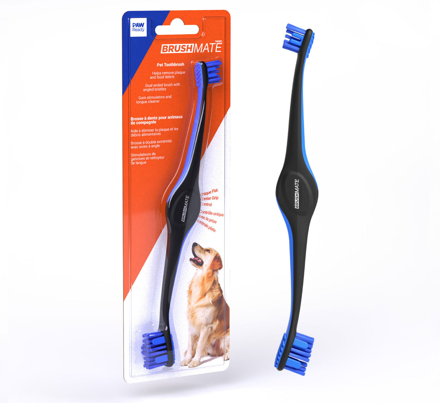 Paw Ready's Blue BrushMate dog toothbrush In packaging