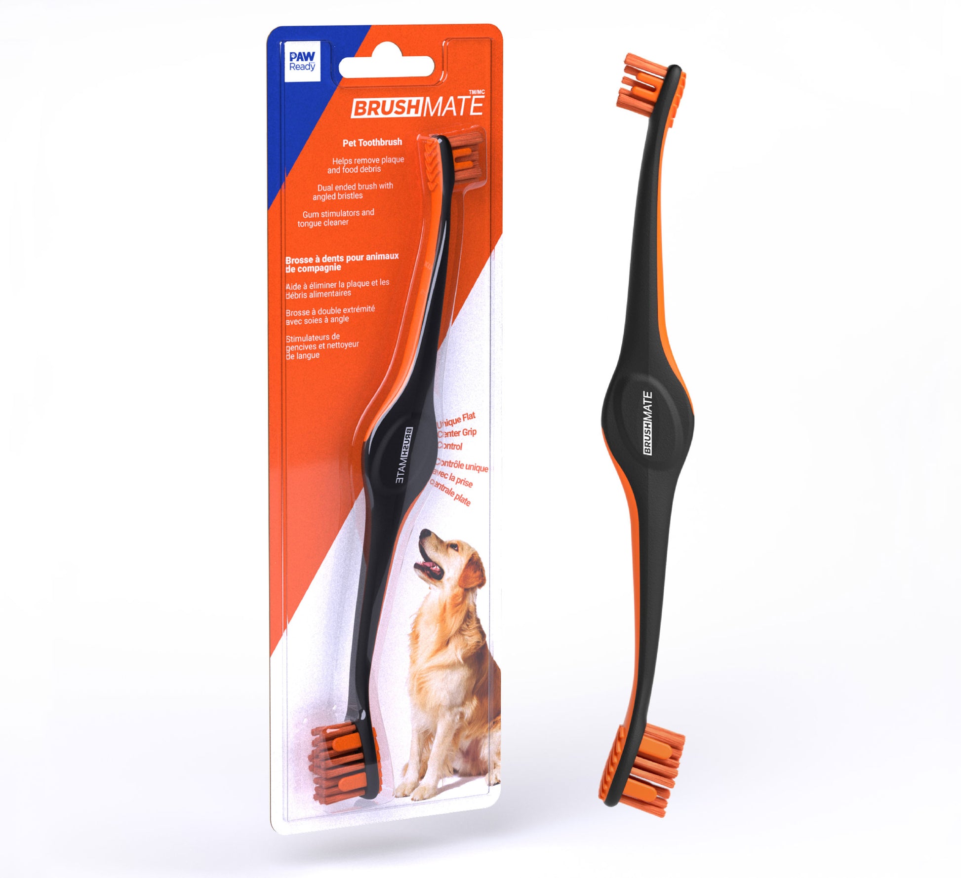 Paw Ready's Orange BrushMate dog toothbrush In packaging